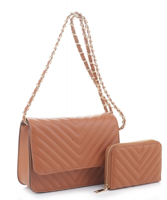 2in1 QUilted V Crossbody Bag Wallet Set CV20142 BROWN